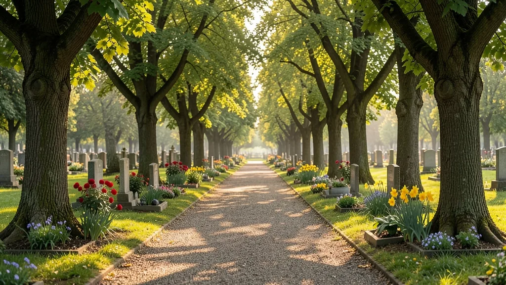 Ruhiger Weg zwischen Linden auf einem deutschen Friedhof