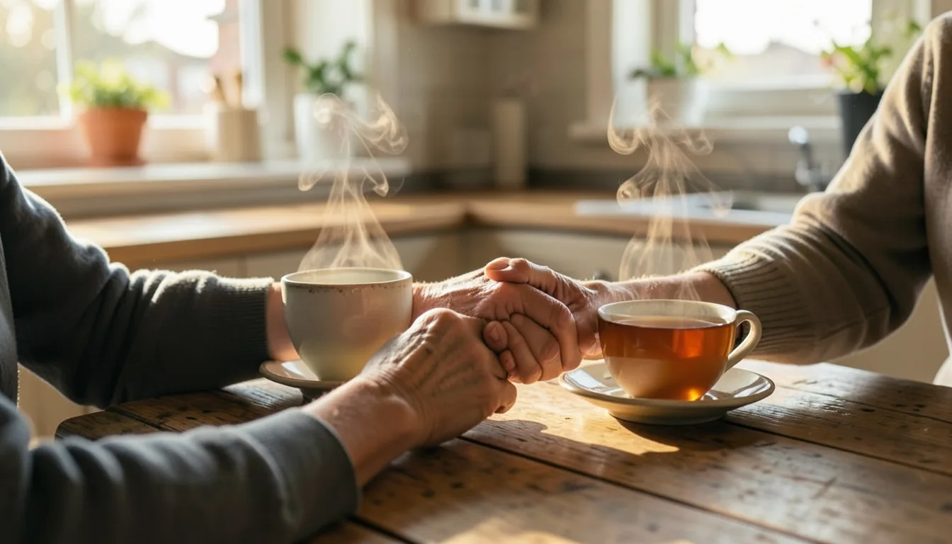 Hand hält schützend die Hand eines verstorbenen Menschen