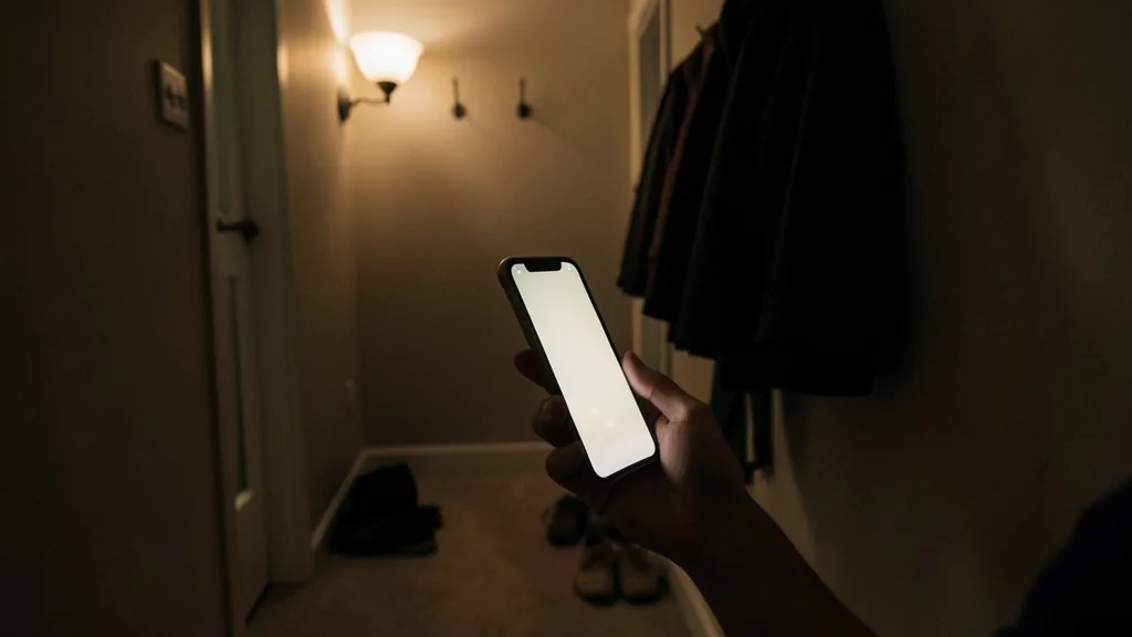 Hand mit Smartphone in warmem Licht einer Wohnung